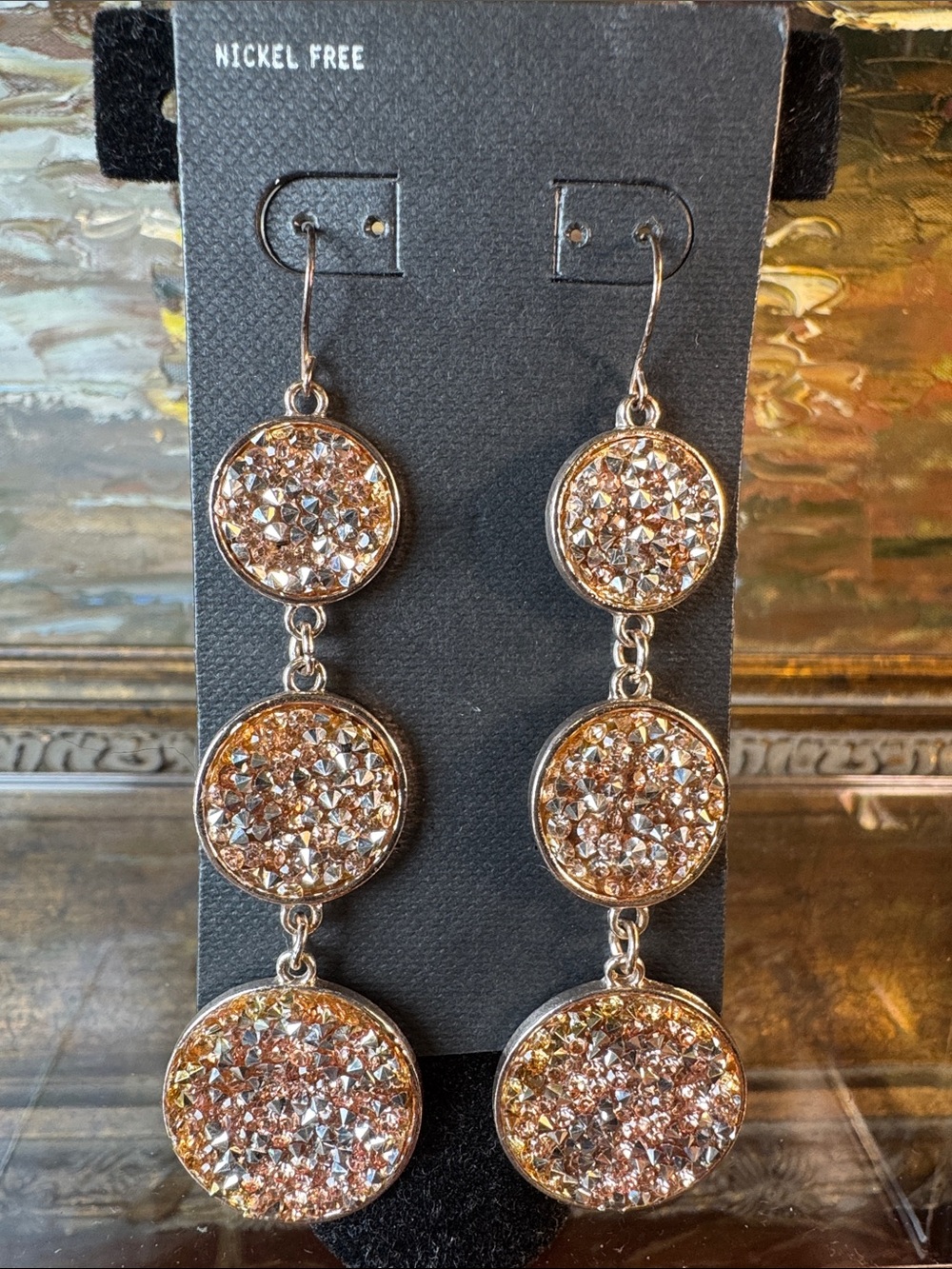 0466-Nickel Free Rose Gold‎ Crystal Drop Earrings – Triple Disc